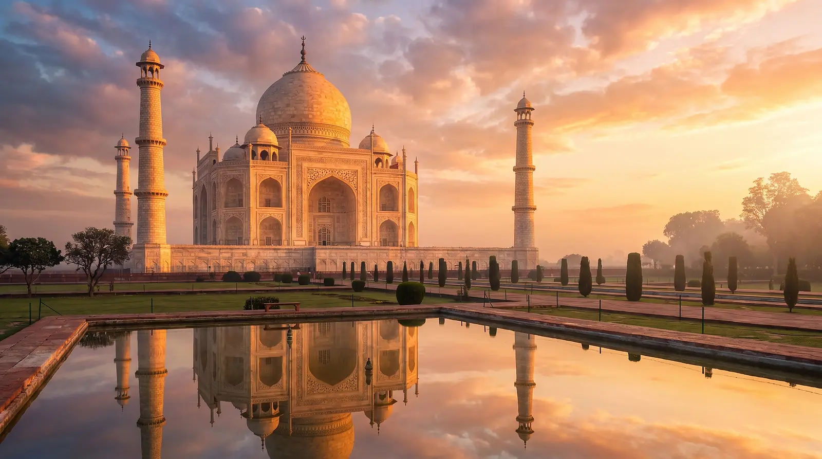 El Taj Mahal reflejado en el estanque al amanecer, India