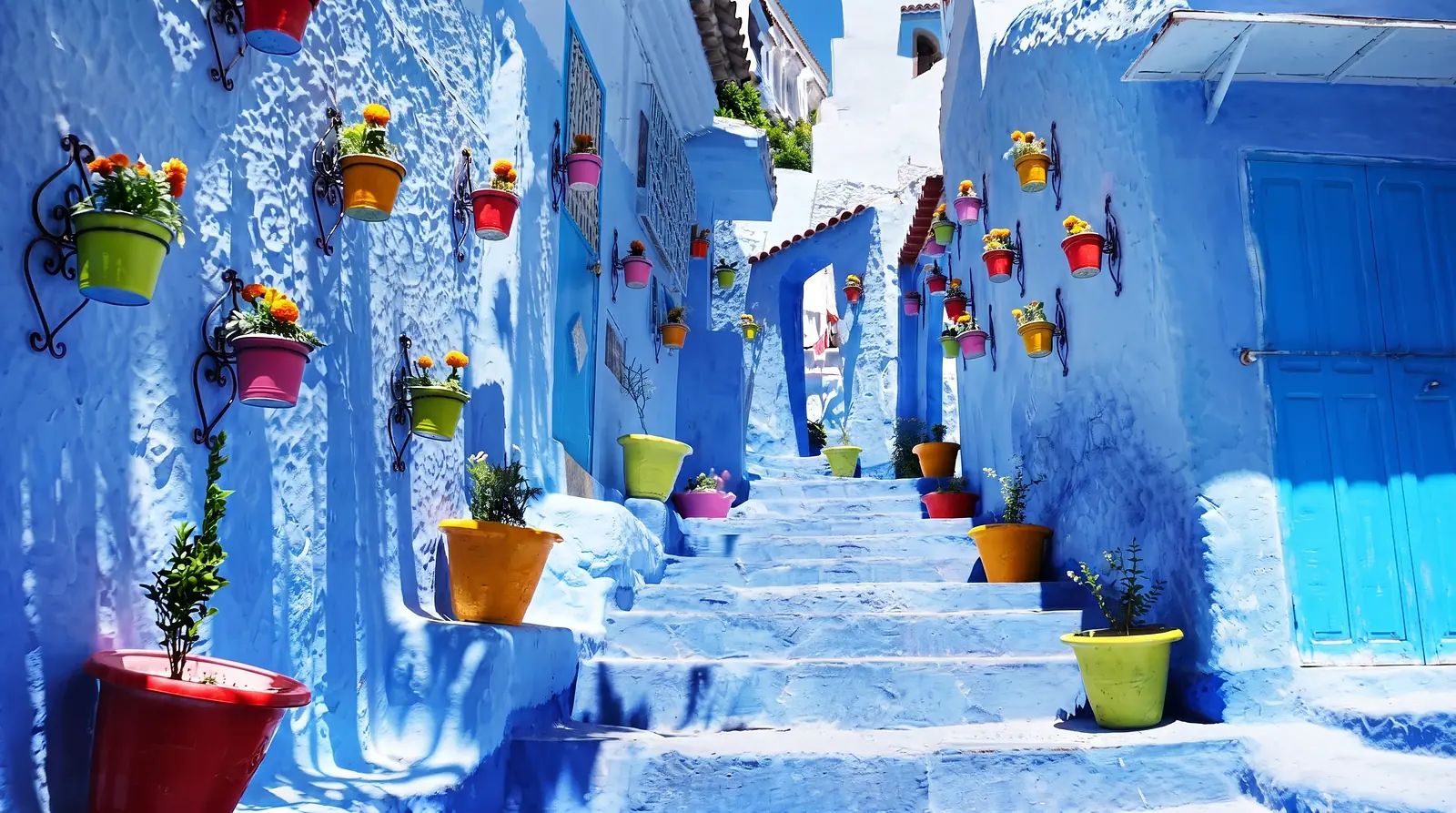 Callejón azul con macetas de flores en Chefchaouen, Marruecos