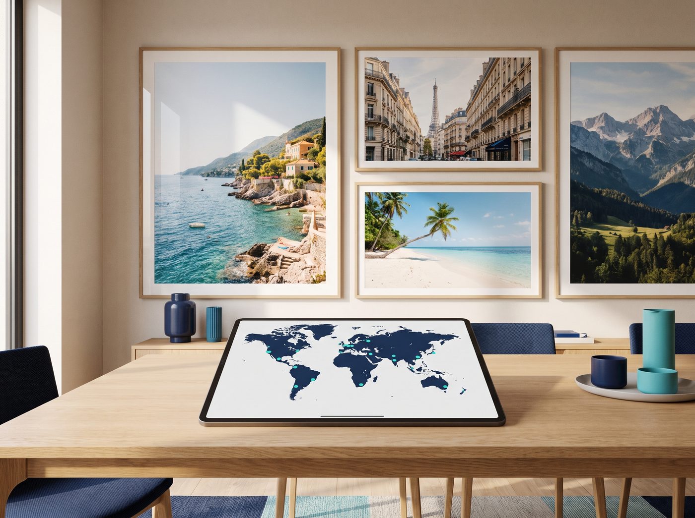 Oficina de Vive y Ve con cuadros de destinos y un mapa del mundo